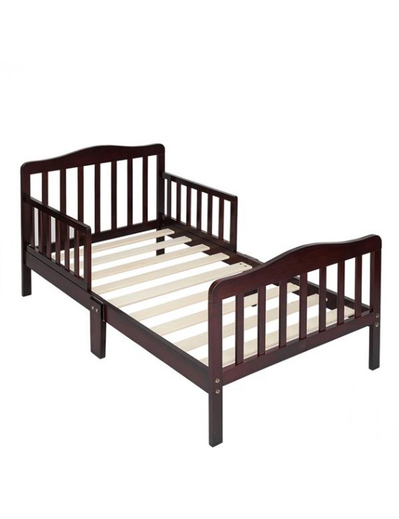 [US-W]Wooden Baby Toddler Bed Children Bedroom Furniture with Safety Guardrails Espresso