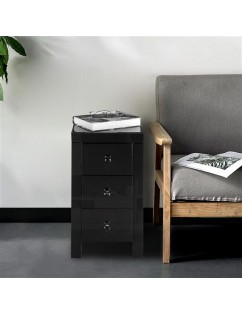 [US-W]Mirrored Glass Bedside Table with Three Drawers Black
